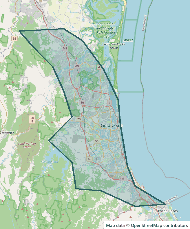 Map of the Gold Coast with the area we visit shaded, running from Yatala in the
                  north down the coast to Coolangatta at the New South Wales border, and inland as
                  far west as Gilston.